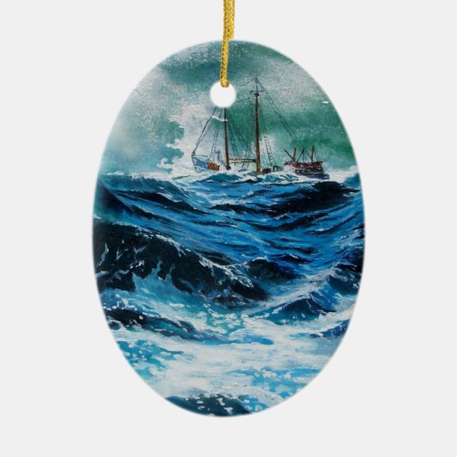 Ship In the Sea in Storm Ceramic Ornament (Front)