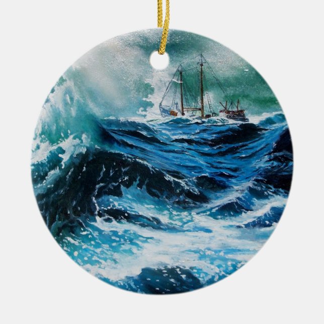 Ship In the Sea in Storm Ceramic Tree Decoration (Front)