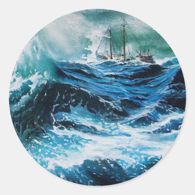 Ship In the Sea in Storm Classic Round Sticker (Front)