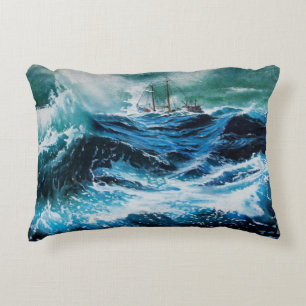 Ship In the Sea in Storm Decorative Cushion