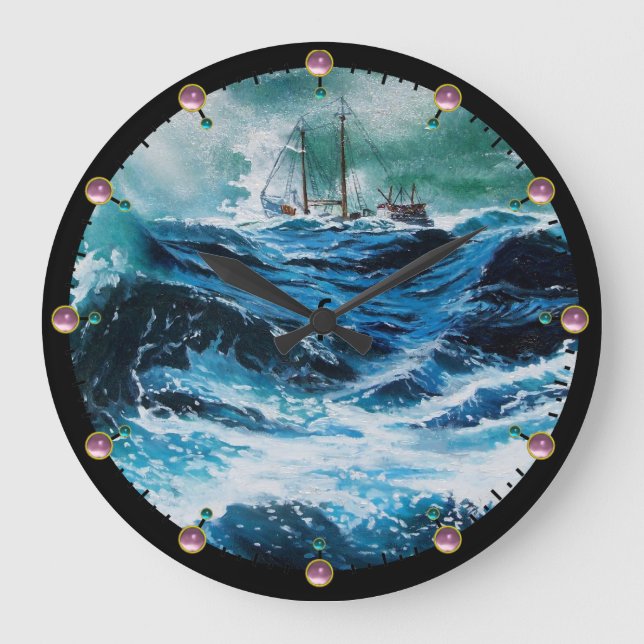 Ship In the Sea in Storm Large Clock (Front)