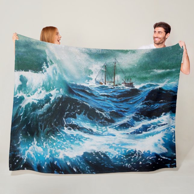 Ship In the Sea in Storm, Nautical ,Navy Blue Fleece Blanket (In Situ)