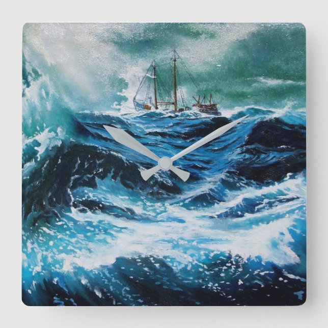 Ship In the Sea in Storm Square Wall Clock (Front)