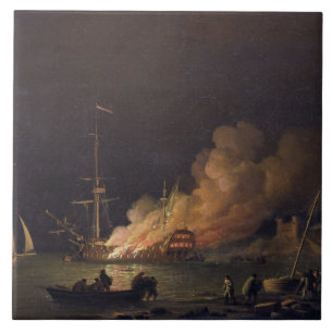 Ship on Fire at Night, c.1756 (oil on canvas) Tile
