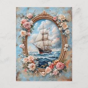 Ship Painting Rope Frame with Roses Postcard
