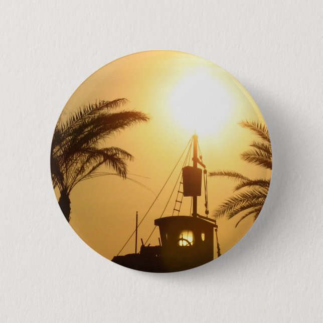 Ship Palm Trees Sun Photo Round Badge (Front)