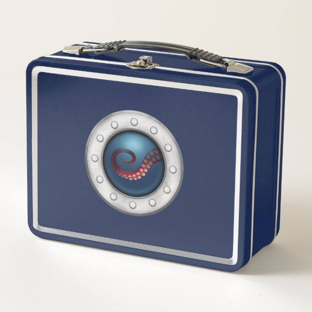 Ship Porthole Octopus Sea Monster Sailor Navy Blue Metal Lunch Box (Front)