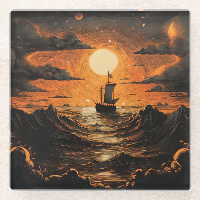Ship sailing in the night  glass coaster (Front)