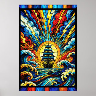Ship Sailing Through Storm Poster
