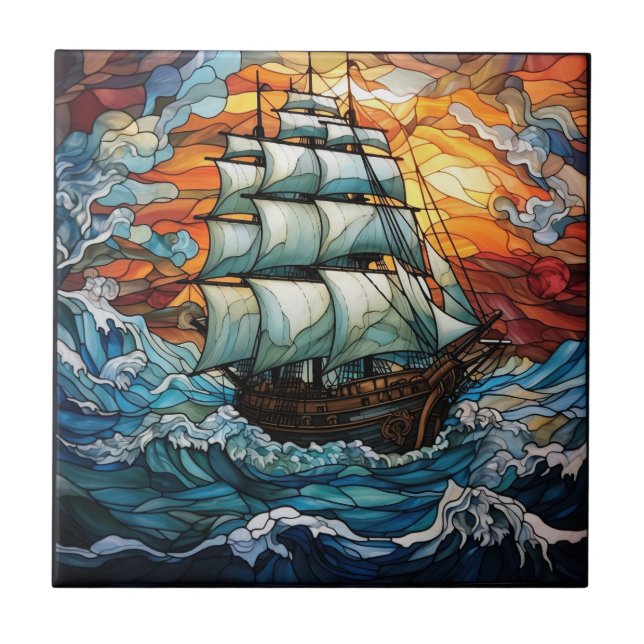 Ship Stained Glass Ceramic Tile (Front)