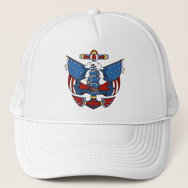 Ship Tattoo in Red and Blue Baseball Cap (Front)