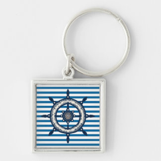 Ship Wheel Blue and White Stripe Key Ring