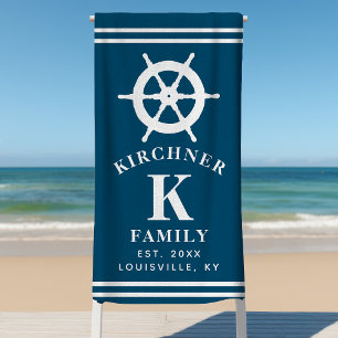 Ship Wheel Boating Boat Captain Family Name Navy Beach Towel