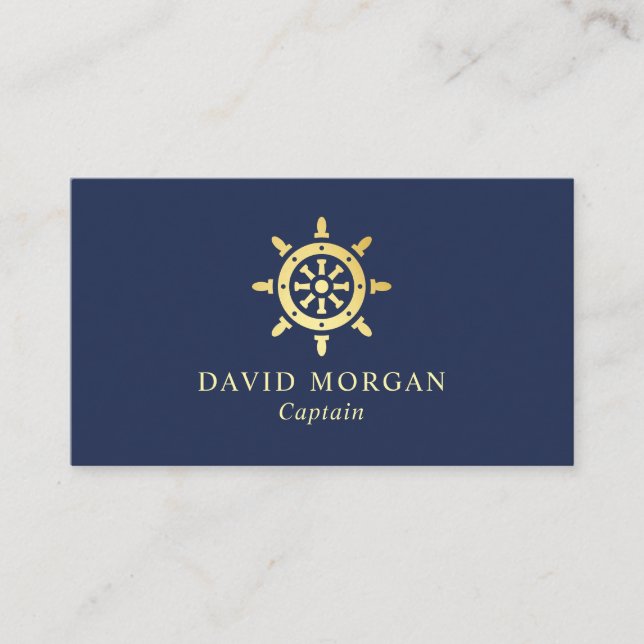 Ship Wheel Logo Boat Captain Navy And Gold  Business Card (Front)