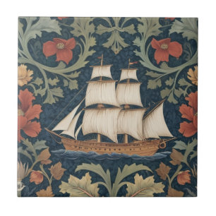 Ship William Morris style ocean sea nautical boat Ceramic Tile