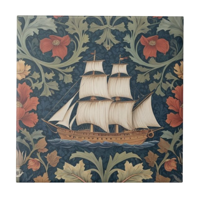 Ship William Morris style ocean sea nautical boat Ceramic Tile (Front)