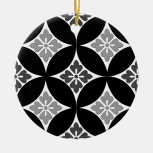 Shippo with Flower Motif, Black, White and Grey  Ceramic Ornament