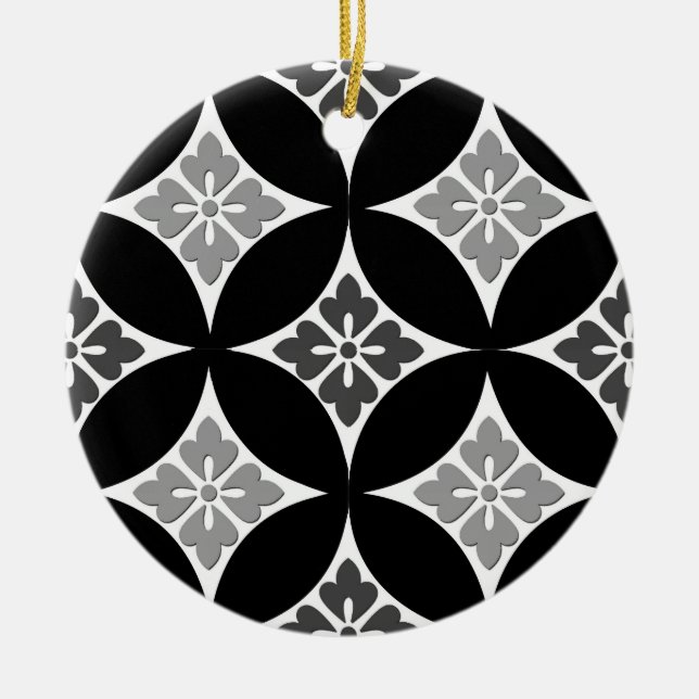 Shippo with Flower Motif, Black, White and Grey  Ceramic Ornament (Front)