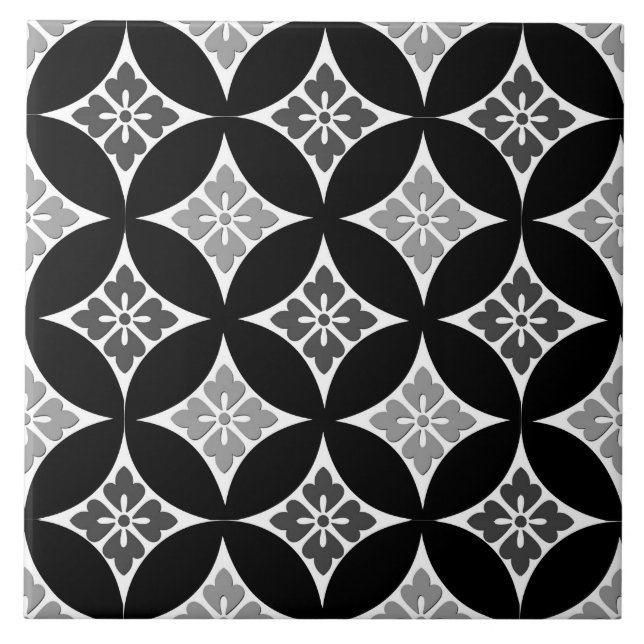 Shippo with Flower Motif, Black, White and Grey Ceramic Tile (Front)