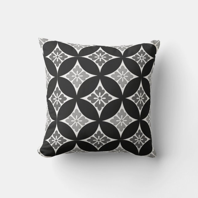 Shippo with Flower Motif, Black, White and Grey Outdoor Cushion (Front)