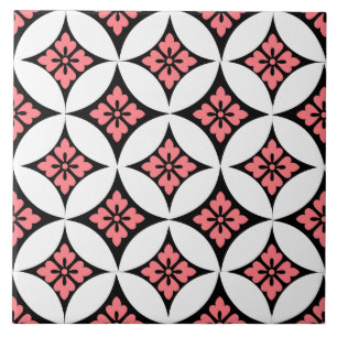 Shippo with Flower Motif, Black, White and Pink Ceramic Tile