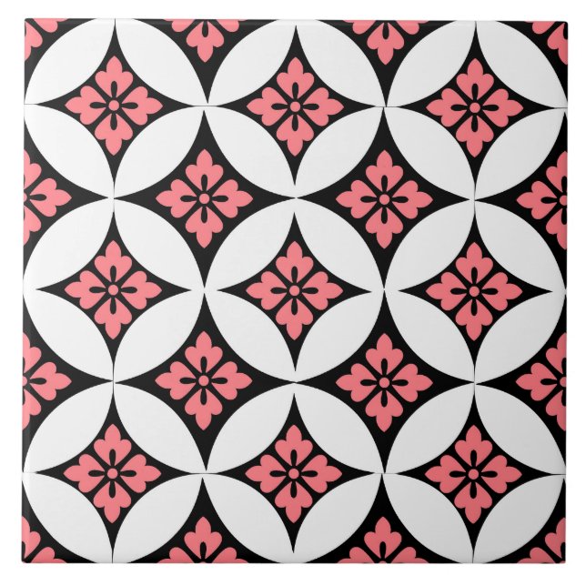 Shippo with Flower Motif, Black, White and Pink Ceramic Tile (Front)