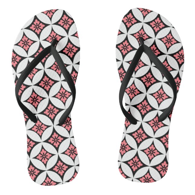 Shippo with Flower Motif, Black, White and Pink Thongs (Footbed)