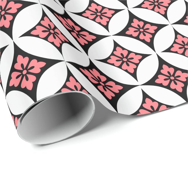 Shippo with Flower Motif, Black, White and Pink Wrapping Paper (Roll Corner)