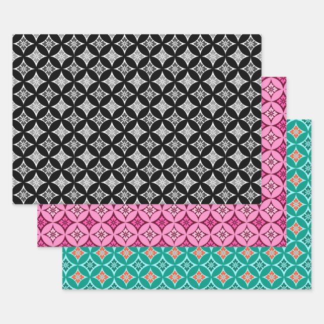 Shippo with Flower Motif, Black, Wine,Turquoise Wrapping Paper Sheet (Set)