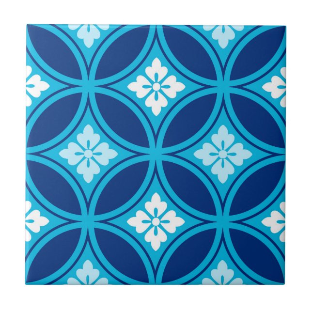 Shippo with Flower Motif, Deep Indigo Blue Ceramic Tile (Front)