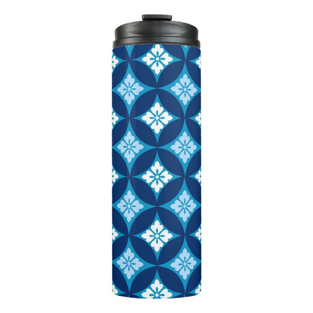 Shippo with Flower Motif, Indigo Blue and White Thermal Tumbler (Front)