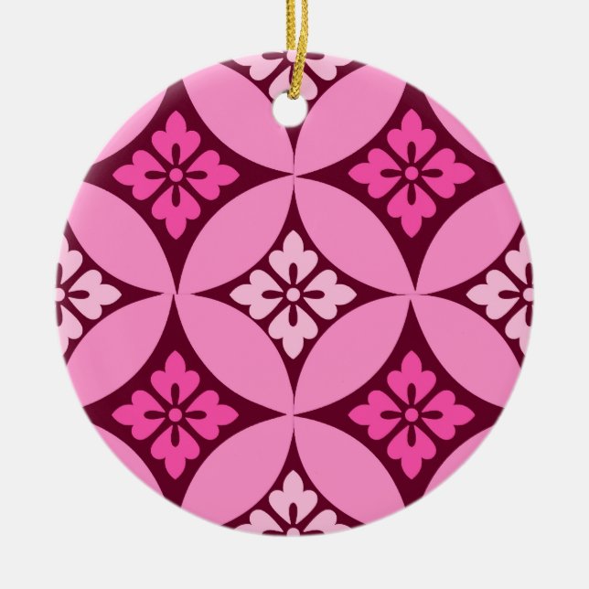 Shippo with Flower Motif, Pink and Burgundy  Ceramic Ornament (Front)