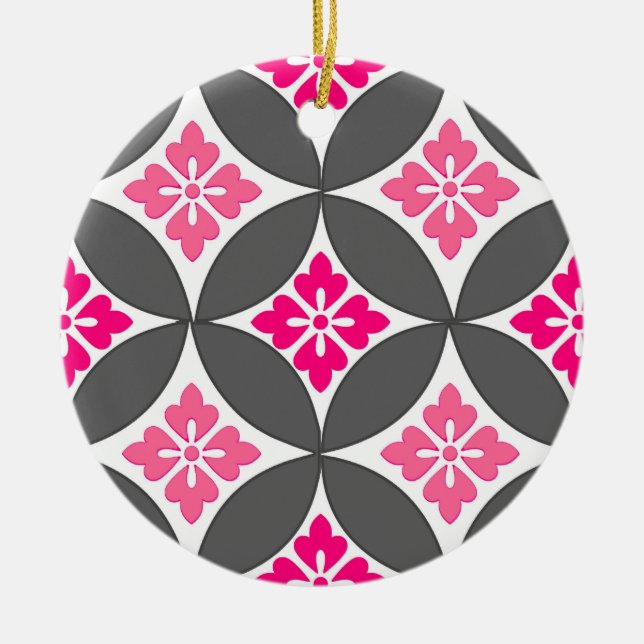 Shippo with Flower Motif, Pink and Silver Grey Ceramic Ornament (Front)