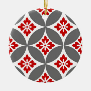 Shippo with Flower Motif, Red, White and Grey  Ceramic Ornament