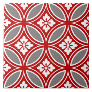 Shippo with Flower Motif, Red, White and Grey Ceramic Tile