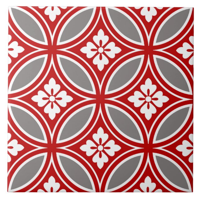 Shippo with Flower Motif, Red, White and Grey Ceramic Tile (Front)