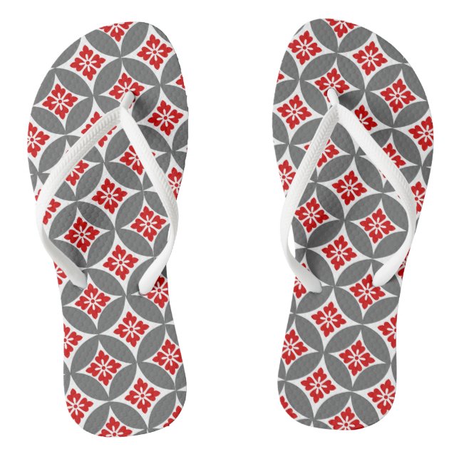 Shippo with Flower Motif, Red, White and Grey Thongs (Footbed)
