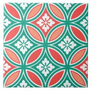 Shippo with Flower Motif, Turquoise and Coral Ceramic Tile