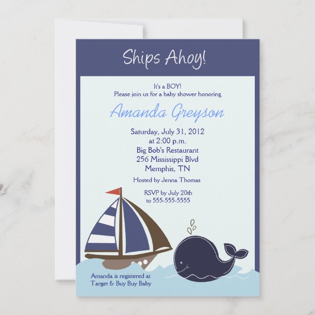 Ships Ahoy Blue Whale 5x7 Baby Shower Invitation (Front)