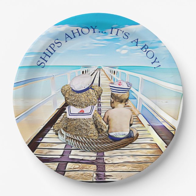 Ships Ahoy, Its a Boy, Nautical Baby Shower Paper Plate (Front)