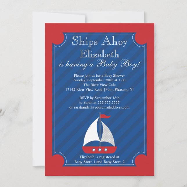 Ships Ahoy Nautical Sailboat Boy Baby Shower Invitation (Front)