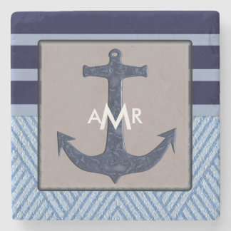 Ship's Anchor & Navy Blue Stripes, Nautical Stone Coaster