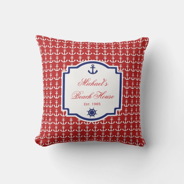 Ship's Anchor Red and Blue Nautical Monogram Outdoor Cushion (Front)