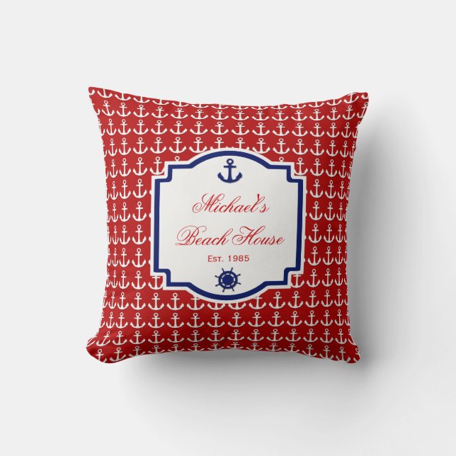 Ship's Anchor Red and Blue Nautical Pillow (Front)