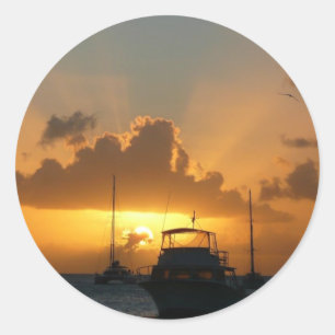 Ships and Sunset Tropical Seascape Classic Round Sticker