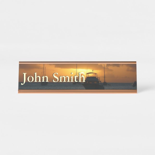 Ships and Sunset Tropical Seascape Desk Name Plate (Front)