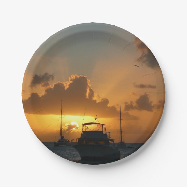 Ships and Sunset Tropical Seascape Paper Plate (Front)