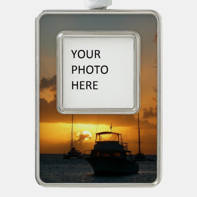 Ships and Sunset Tropical Seascape Silver Plated Framed Ornament (Front)