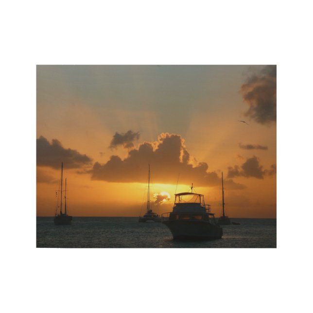 Ships and Sunset Tropical Seascape Wood Poster (Front)