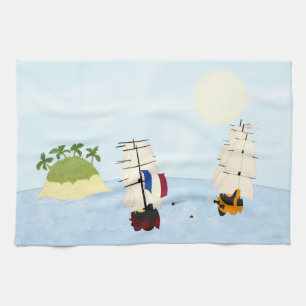 Ships Battle At Sea Near Tropical Island Tea Towel